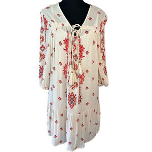 Taylor & Sage Ivory and Red Southwestern Print Mini Shirt Dress, Size M